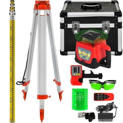 VEVOR Πράσινο Ροταριακό Laser Level Kit με Ρυθμιζόμενο Τρίποδο και 5M Στήλη, Εμβέλεια 500M, 360 Μοίρες Ροταριακή Σάρωση, Αυτοεπιπεδούμενο Σύστημα Laser Level Kit, για Κατασκευαστική Προβολή