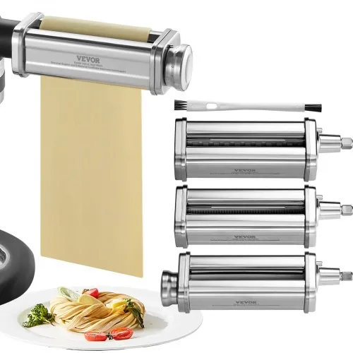 VEVOR Εξάρτημα Ζυμαρικών για Μίξερ KitchenAid, Σετ Ρολό και Κόφτη Ζυμαρικών από Ανοξείδωτο Χάλυβα Συμπεριλαμβανομένου Ρολό Ζυμαρικών, Κόφτης Σπαγγέτι και Φετουτσίνι, 8 Ρυθμιζόμενοι Κωδικοί Πάχους, 3 Τεμάχια