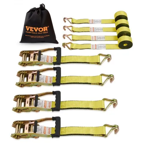 VEVOR Ιμάντες Δέσμευσης Ratchet (4PK), 5000 lb Αντοχή Σπασίματος, Διπλός Γάντζος J Περιλαμβάνει 4 Premium 2" x 15' Ιμάντες Δέσμευσης με Μαξιλάρια, για Μετακίνηση και Στερέωση Φορτίου, Συσκευών, Εξοπλισμού Κήπου