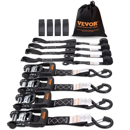 VEVOR Ιμάντες Δέσμευσης Ratchet (4PK), 5208 lb Μέγιστη Αντοχή Σπασίματος, Περιλαμβάνει 4 Premium 1.6" x 8' Ιμάντες Δέσμευσης με Μαξιλαράκια, για Μετακίνηση Στερέωσης Φορτίου, Συσκευών, Εξοπλισμού Κήπου, Μοτοσικλετών