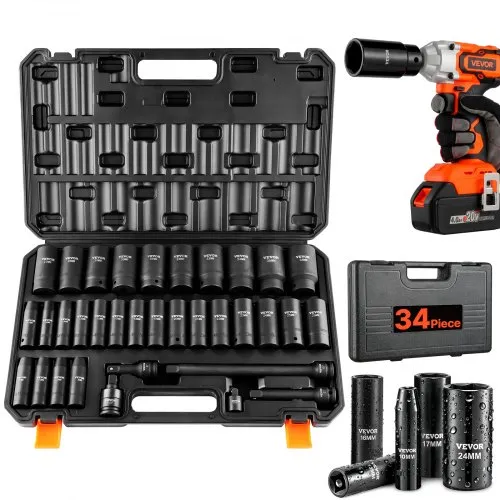 VEVOR Σετ Βαθιών Κεφαλών 1/2" Drive Deep Impact Socket Set, 34pcs Σετ Κεφαλών Μετρικών (8-36mm) 6 Σημείων Cr-MO Στερεού Χάλυβα για Επισκευή Αυτοκινήτων, Ανθεκτική Κατασκευή, Περιλαμβάνει Βαριά Θήκη Αποθήκευσης