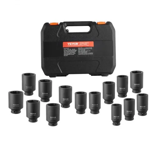 VEVOR Axle Nut Impact Socket Set, 1/2" Drive Deep 6+12-Point 14-Piece Metric Spindle Socket Set, CR-V Heat treated Large Socket set with Storage case, Auto Repair, Αφαίρεση ή Τοποθέτηση Παξιμαδιών Άξονα