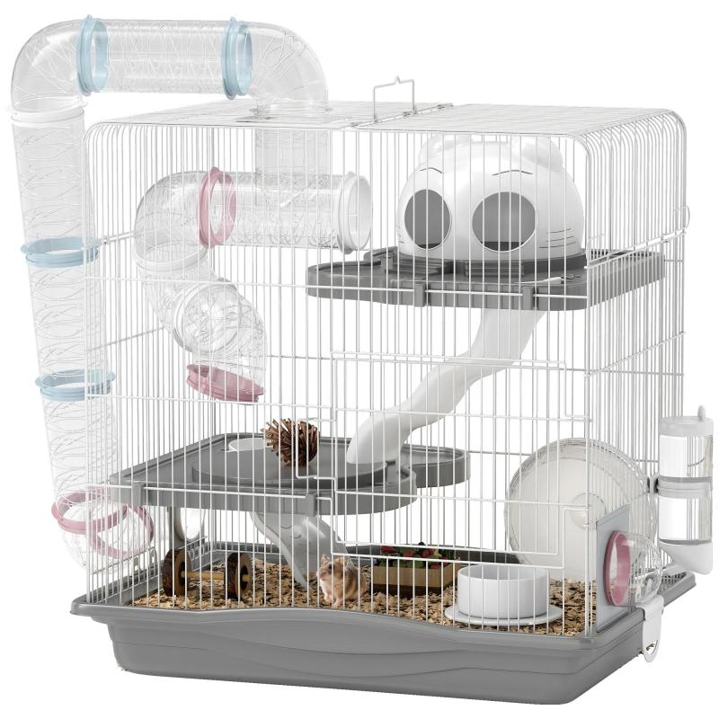 Hamster Cage with Tunnels, Platforms, Food Bowl, Water Bottle, Small House, Ramps, and Exercise Wheel, Dimensions: 45 x 30 x 45 cm, Grey