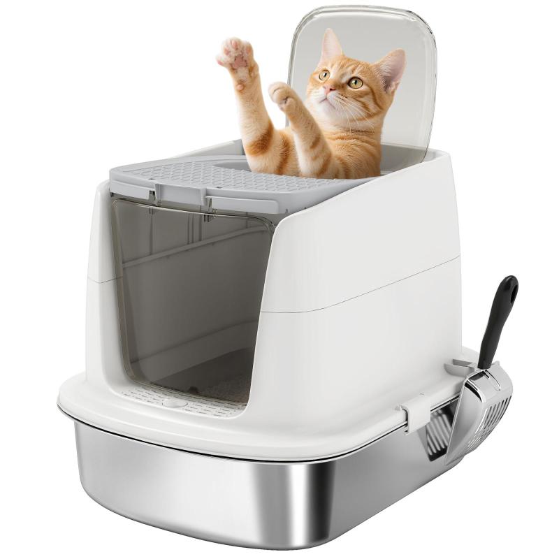 Stainless Steel Cat Litter Box with Foldable Lid, Odor Control, Scoop and Deodorizing Bag, White