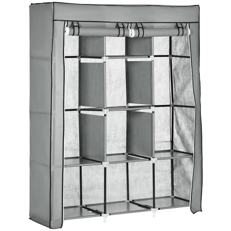 Space-Saving Wardrobe with Raised Base, 8 Shelves and 2 Hanging Rails, Made of Non-Woven Fabric and Steel, Light Grey