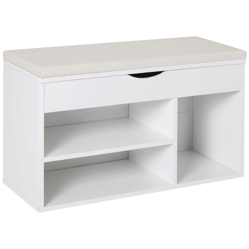 Wooden Shoe Bench – Space-Saving Shoe Storage Unit with Padded Flip-Top Seat for Entryway, 80x30x47cm, White