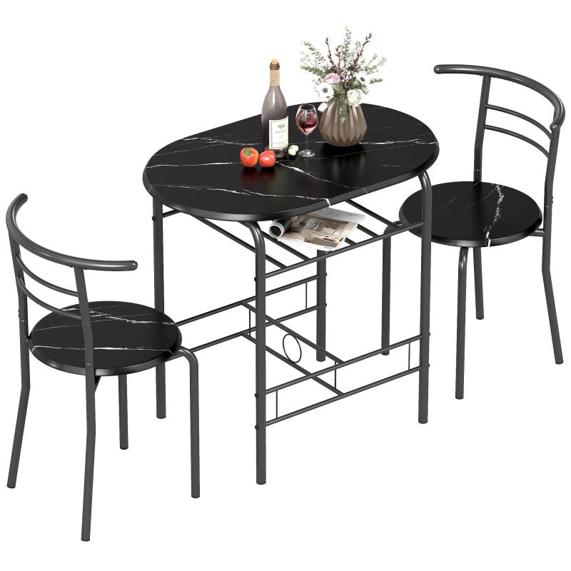 Modern Dining Table and 2-Chair Set – 3-Piece Space-Saving Furniture Set for Kitchen, Balcony, Restaurant, or Bar (Brown and Black)