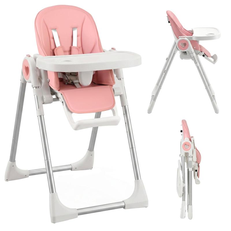 Foldable High Chair for Children Aged 6–36 Months with Adjustable Height, Washable Double Tray, and Wheels – Pink