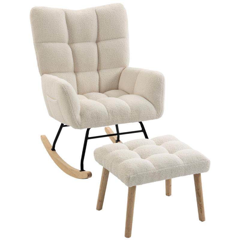 Sherpa Rocking Chair with Footrest, Side Pockets, Thick Seat, and Quilted Design – Cream