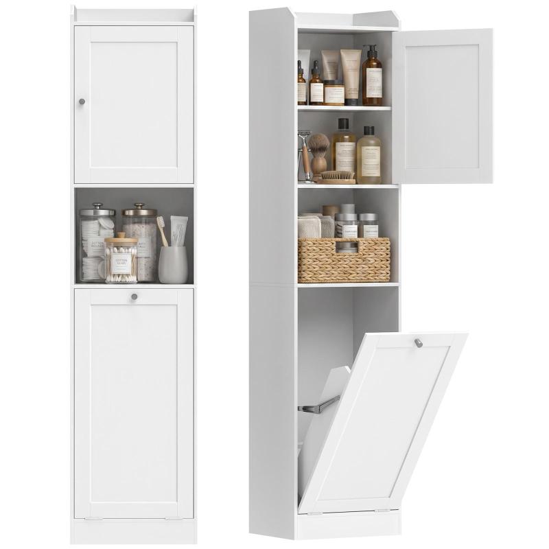 Tall Bathroom Cabinet with Folding Basket and Shelves, 40x30x170 cm, White