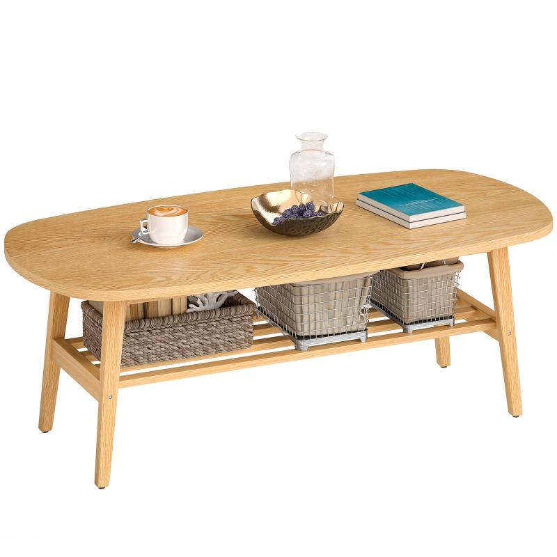 2-Tier Coffee Table, Modern Living Room Table with Open Bottom Shelf and Rubberwood Legs, Natural Wood