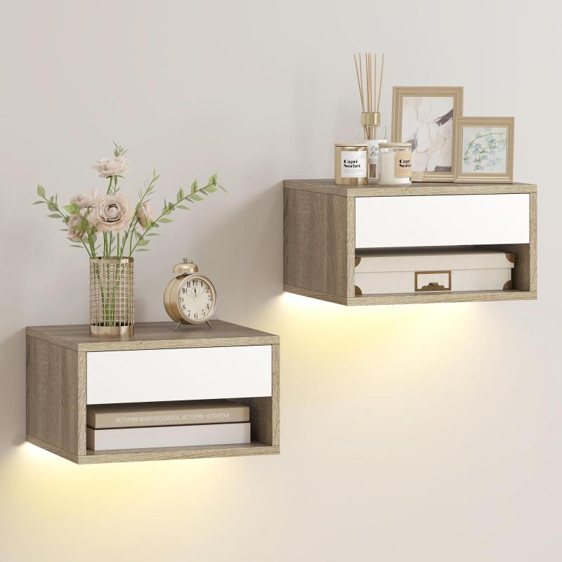 Σετ 2 Κρεμαστών Κομοδίνα με RGB LED Φωτισμό που Ελέγχεται από Εφαρμογή, Ράφι, Συρτάρι, 37x32x21cm, Τικ