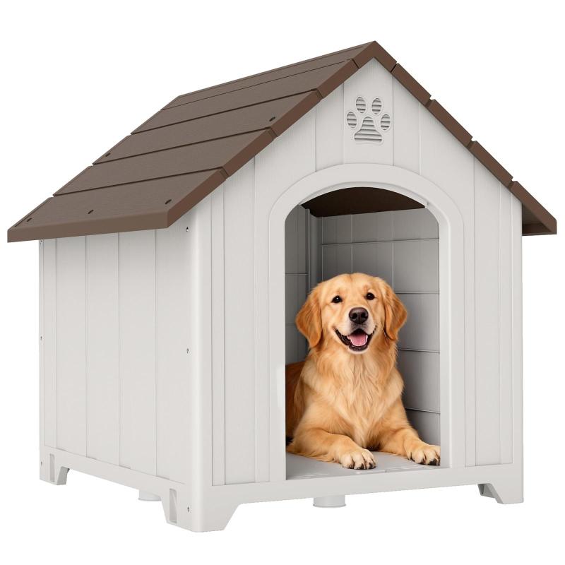 Outdoor dog kennel, waterproof polypropylene dog house, ventilated, raised floor, light grey