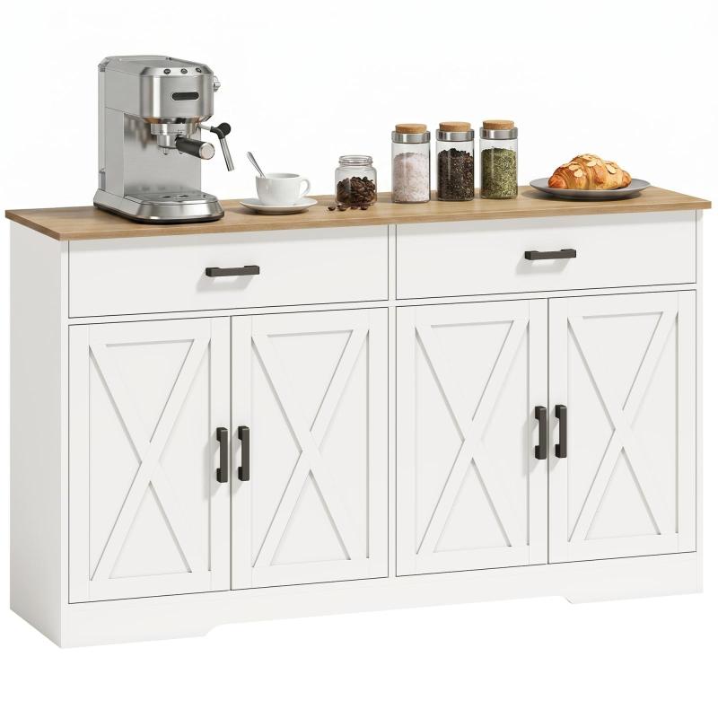 Ντουλάπα Buffet, 140 cm Κουζίνα Αγροικίας με 2 Συρτάρια και 2 Ντουλάπια, Λευκή