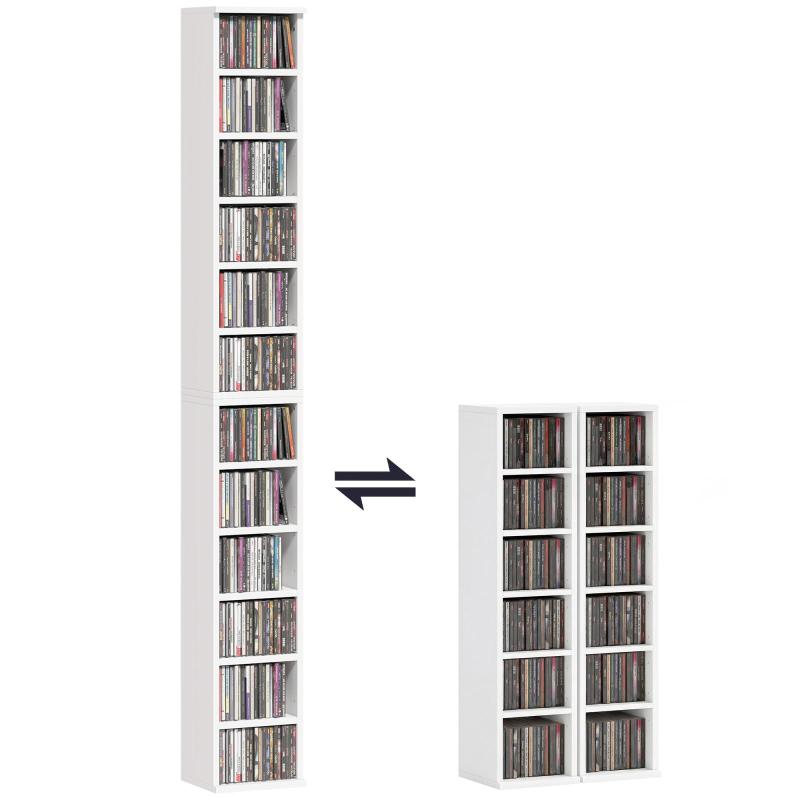 Σετ 2 ραφιών αποθήκευσης CD, πύργος Blu-ray με ρυθμιζόμενα ράφια, οργανωτής βιβλιοθήκης, λευκό