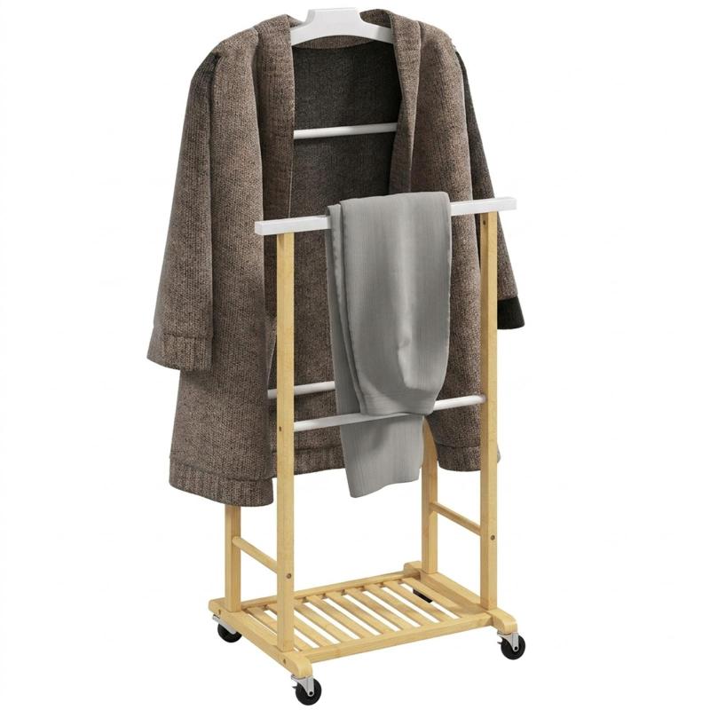 Κινούμενος βαλές, ράφι ρούχων από μπαμπού με ενσωματωμένο κρεμάστρα, ράγες παντελονιών και ράφι, φυσικό φινίρισμα