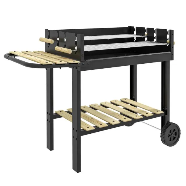 Κάρβουνο BBQ 113x53.5x82.5 cm με 2 Γκριλ, Ρυθμιζόμενα Ύψη, Πλευρικό Τραπέζι, Ράφι και Ρόδες για Κήπο, Μαύρο