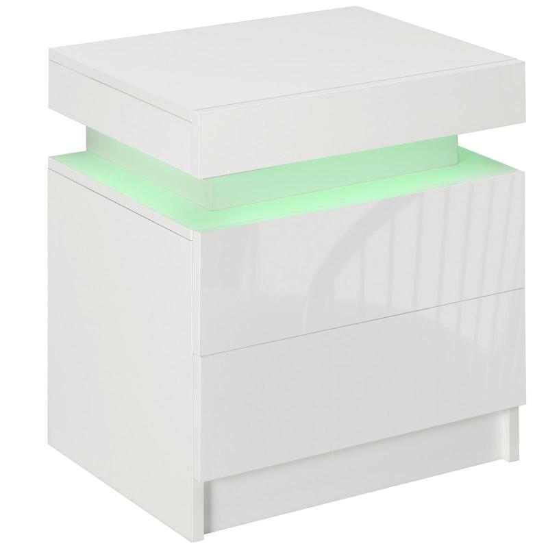 RGB LED Κομοδίνο με 2 Συρτάρια, 4 Λειτουργίες Φωτισμού και 16 Χρώματα, Ξύλινο, 45x35x52 cm, Λευκό