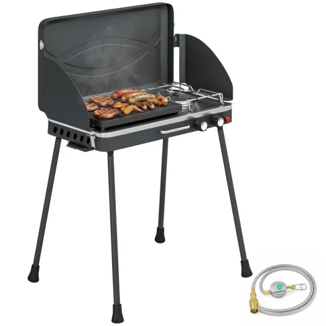 Φορητό BBQ Υγραερίου 2 σε 1 με Γκριλ και Κουζίνα, 7KW, Μαύρο