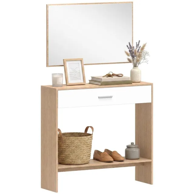 Σετ κονσόλας και καθρέφτη, στενό τραπέζι κονσόλας με συρτάρι και ράφι, μοντέρνος στυλ, 91.5 x 27.9 x 85.5 cm, δρυς