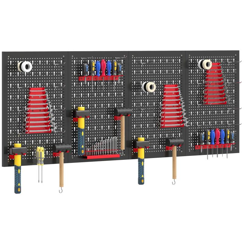 Οργανωτής τοίχου με πλάκα 600 x 400mm, μεταλλικός οργανωτής εργαλείων γκαράζ με 4 πλάκες (Μαύρο και Κόκκινο)