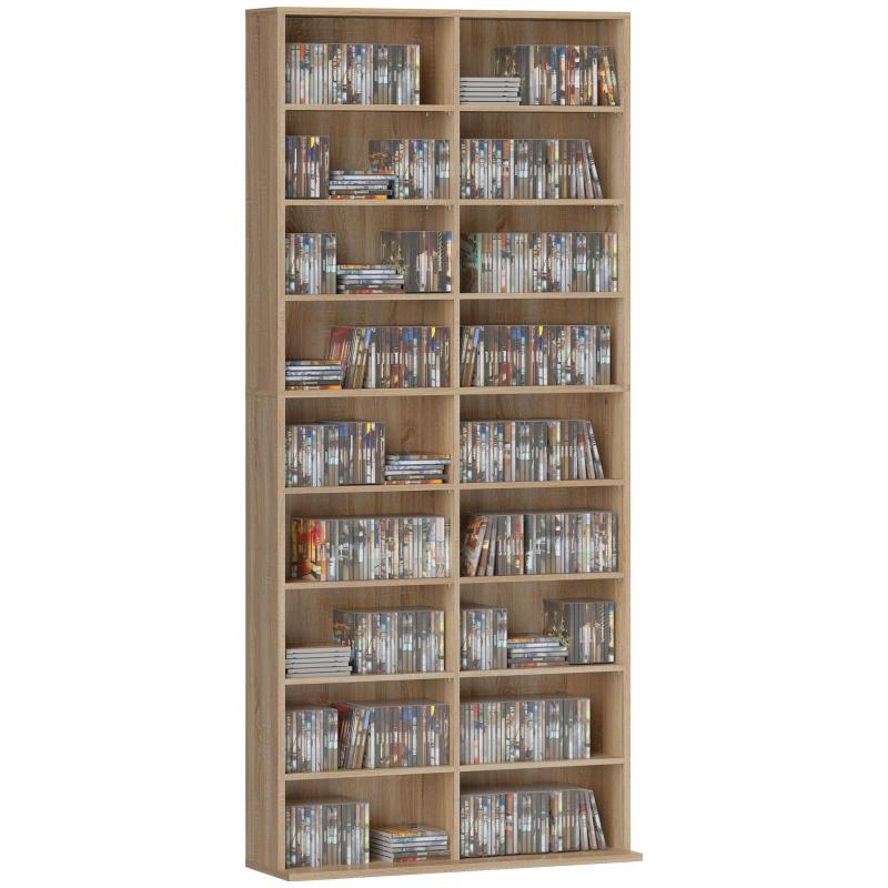 Ράφι DVD 9 επιπέδων με 18 θήκες και 14 ρυθμιζόμενα ράφια; χωράει 640 CDs, 360 DVDs ή 430 Blu-rays; φυσικό ξύλο.