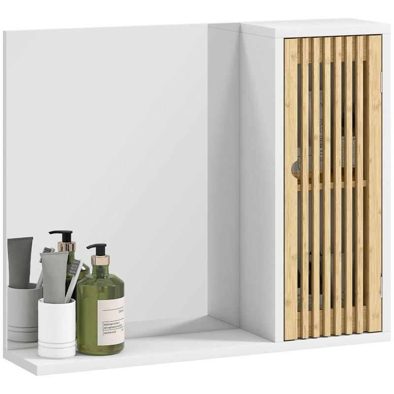 Καθρέφτης Μπάνιου 60x50 cm – Καθρέφτης Τοίχου με Πόρτα από Μπαμπού και Ράφια Αποθήκευσης (Λευκό και Φυσικό)