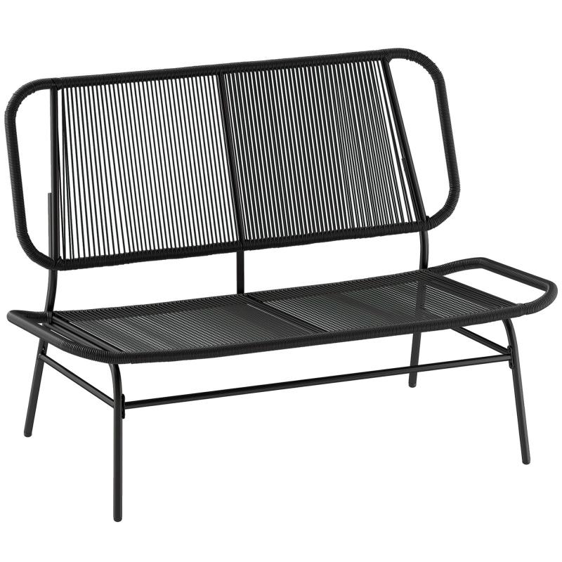 Καναπές Ρατάν 2 Θέσεων, Loveseat με Υφασμάτινη Έδρα και Πλάτη, Μαύρος.