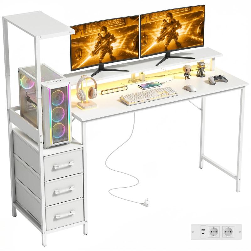 Gaming Desk 147 cm, Γραφείο Υπολογιστή με Ρυθμιζόμενο & Αναστρέψιμο Στήριγμα CPU, RGB Φώτα, Πρίζες, USB & USB-C Θύρες, Στήριγμα Οθόνης και 3 Υφασμάτινα Συρτάρια, Λευκό