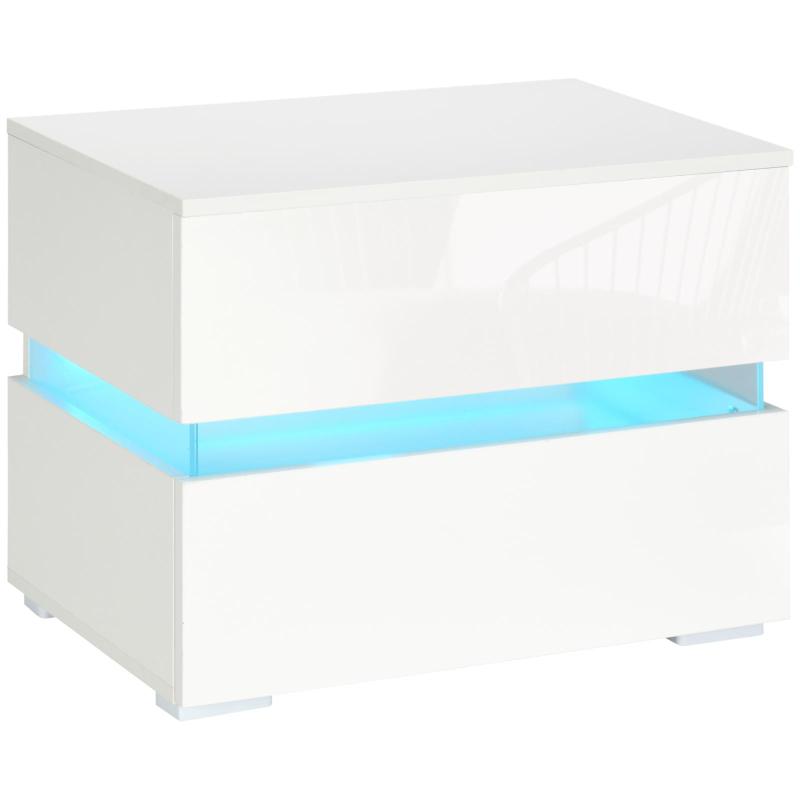 Κομοδίνο με 2 Συρτάρια και Ενσωματωμένο RGB LED Φως (4 Λειτουργίες, 16 Χρώματα), Σανίδα, 60x39x47cm, Λευκό