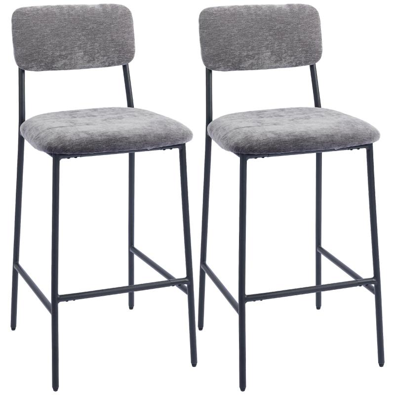Σετ 2 σκαμπό μπαρ από chenille ύφασμα, επενδεδυμένες καρέκλες μπαρ, ευρύ κάθισμα, ψηλή πλάτη, 45.5x48x101cm, γκρι