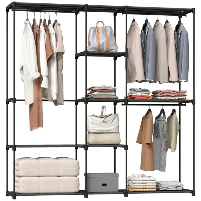 Ντουλάπα Ρούχων 182x43x185 cm – Ανοιχτή Ντουλάπα με 8 Υφασμάτινα Ράφια, Κρεμάστρες και Μαύρο Μεταλλικό Πλαίσιο