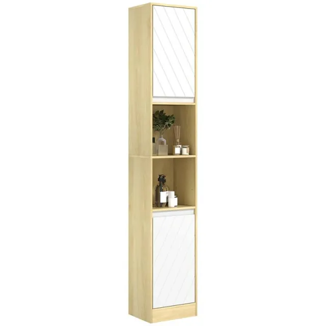 Υψηλή μονάδα αποθήκευσης μπάνιου σε στυλ cozy (30 x 24 x 170 cm) με 2 πόρτες, 1 ράφι και 2 ανοιχτές θήκες – ανοιχτό δρυς και λευκό.