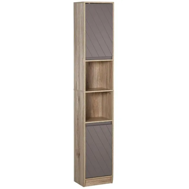 Υψηλή μονάδα αποθήκευσης μπάνιου σε στυλ cozy (30 x 24 x 170 εκ.) με 2 πόρτες, ράφι και 2 ανοιχτές θήκες – ανοιχτό δρυς και γκρι φινίρισμα.