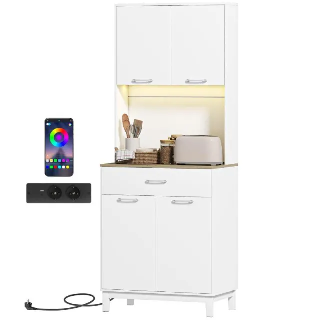 Μοντέρνος μπουφές με LED φώτα, πρίζες και θύρες USB, 2 ντουλάπια και ένα συρτάρι, 71x40x180 cm, Λευκό