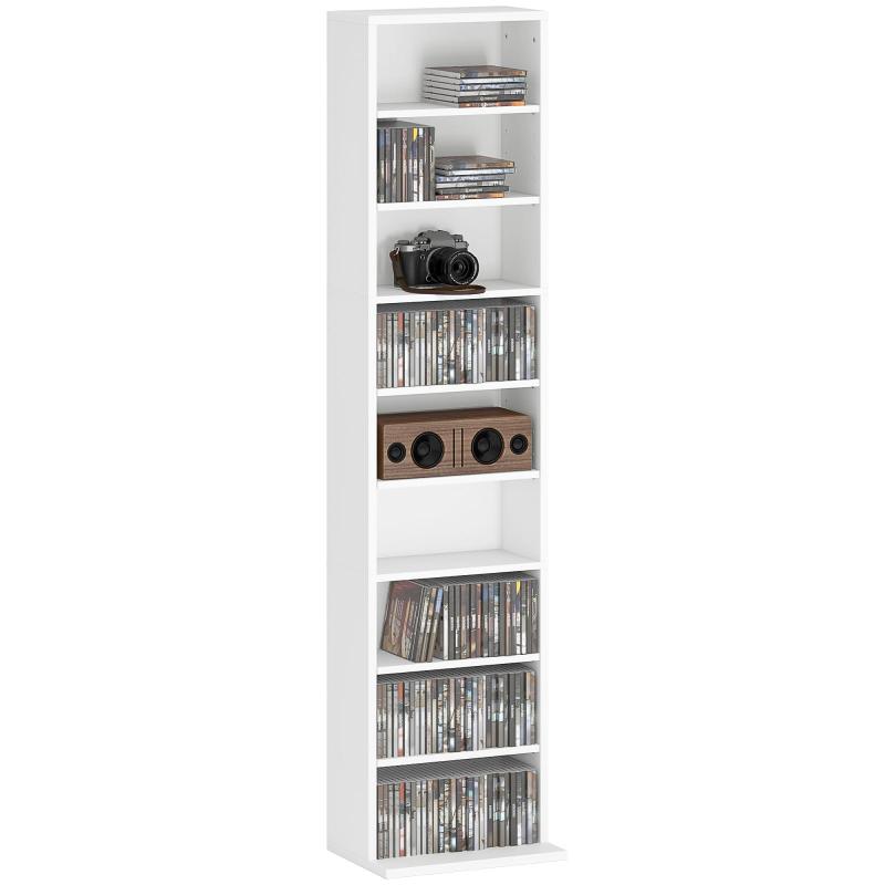 Ράφι CD και DVD με Ρυθμιζόμενα Ράφια, Λεπτός Σχεδιασμός και Σύστημα Αντιολίσθησης – Χωράει 260 CDs, 33x24x140 cm, Λευκό