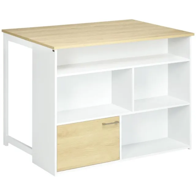 Νησίδα Κουζίνας με Αναδιπλούμενο Φύλλο και Ψηλό Τραπέζι με Πολλαπλά Διαμερίσματα 116x79.5x91 cm Λευκό