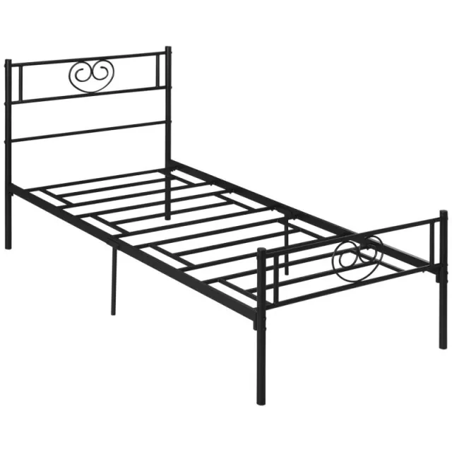Μαύρο Μεταλλικό Κρεβάτι Μονής Κλίνης (31 cm ύψος) για Στρώμα 90x190 cm με Κεφαλάρι Σχεδίου Καρδιάς (95x196x100 cm)