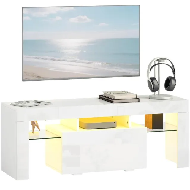 Βάση τηλεόρασης με RGB LED φωτισμό, υψηλής γυαλάδας φινίρισμα, γυάλινες ράφια, 120x34x45 εκ., λευκή
