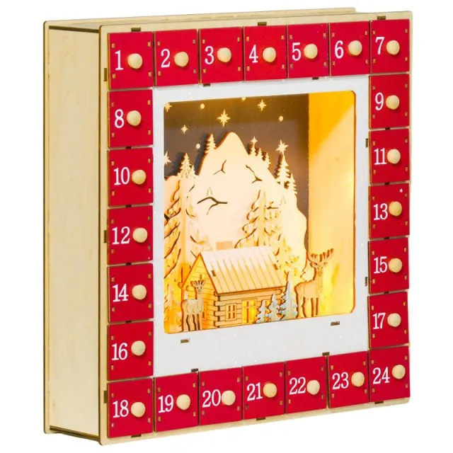 LED Advent calendar, ξύλινα χριστουγεννιάτικα διακοσμητικά, 24 γεμιστά συρτάρια, φωτισμένη διακόσμηση, κόκκινο