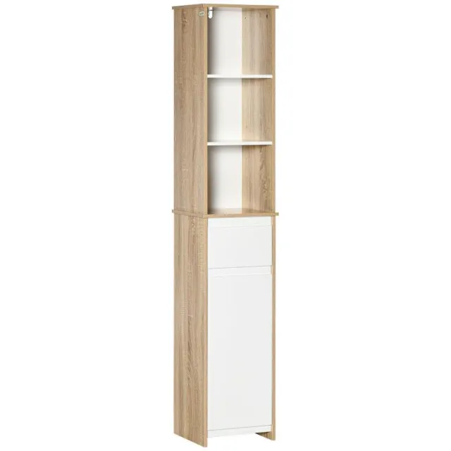 Στήλη αποθήκευσης μπάνιου Cozy-Style – Λευκή & Ανοιχτόχρωμη Φινίρισμα (3 Ράφια, Συρτάρι και Ντουλάπι με Ράφι)