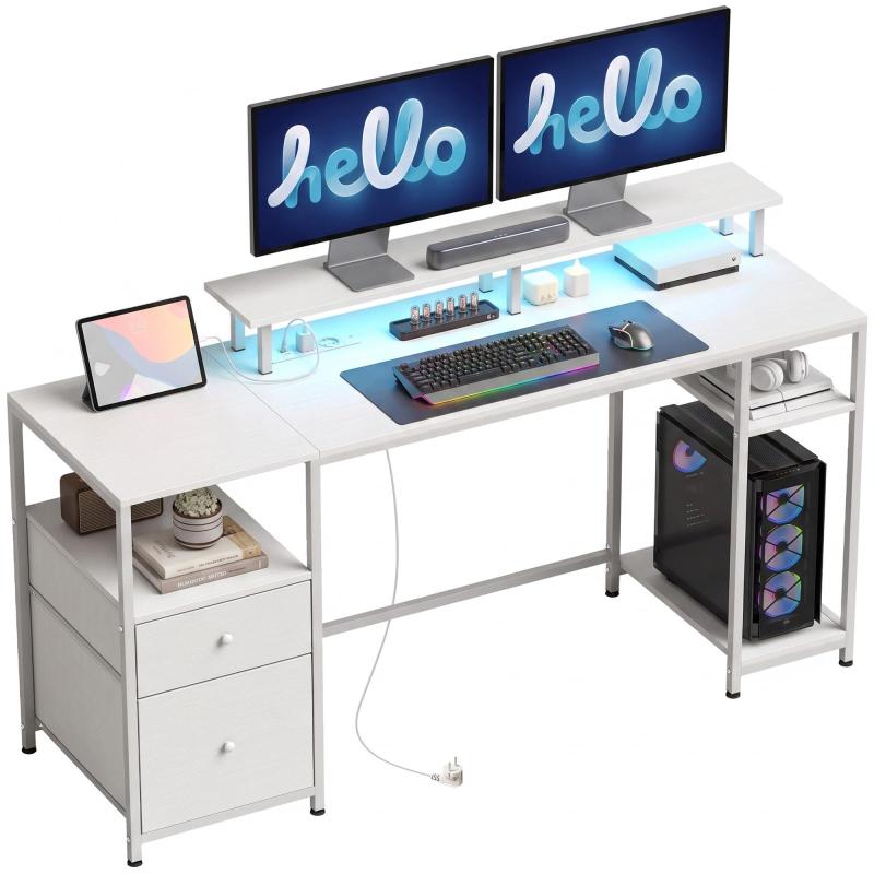 Γραφείο με LED φώτα, συρτάρια, πρίζες, θύρες USB και βάση οθόνης, 155.5x48x88.5 cm, Λευκό
