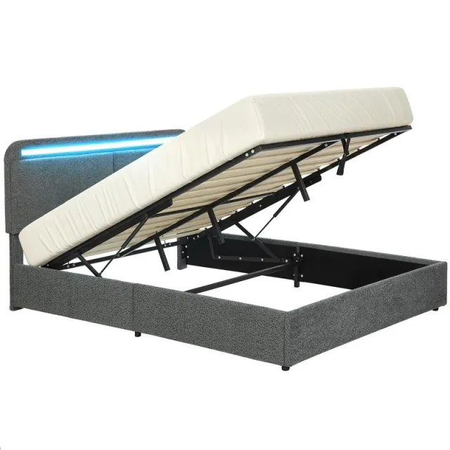 Κρεβάτι Αποθήκευσης 140 x 190 cm με LED Φωτισμό, Ρυθμιζόμενο Κεφαλάρι, Κρεβάτι Διπλό, Ξύλινη Στήριξη, γκρι