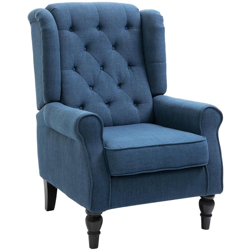 Πολυθρόνα σαλονιού, tufted πολυθρόνα με ξύλινα πόδια, ευρύ κάθισμα, υψηλή άνεση, κλασικό στυλ, 74x86x102cm, μπλε