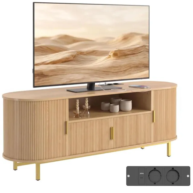 TV Stand 140 εκ με 2 Πρίζες και 2 Θύρες, Κονσόλα TV για τηλεοράσεις 84 ιντσών, 2 Πόρτες με Στήριγμα, 2 Ολισθηρές Πόρτες, Δρυς