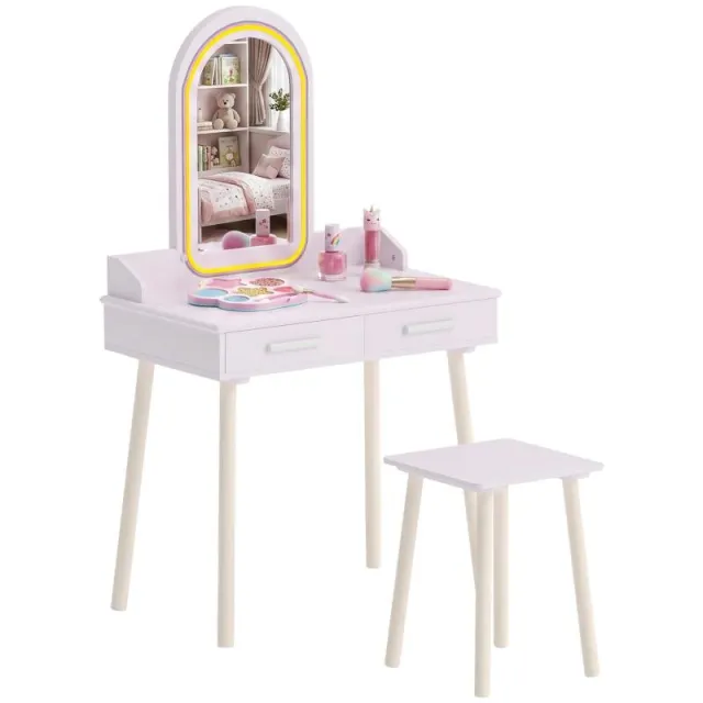 Ξύλινη Vanity για Παιδιά με Καθρέφτη LED 3 Χρωμάτων, Ηλικίες 3-8, Ροζ