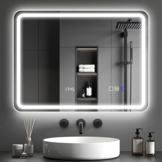 Καθρέφτης μπάνιου Bluetooth με LED φωτισμό 60 x 80 cm, τοίχου φωτιζόμενος καθρέφτης με ρολόι, αντιατμιστικός, ασημί