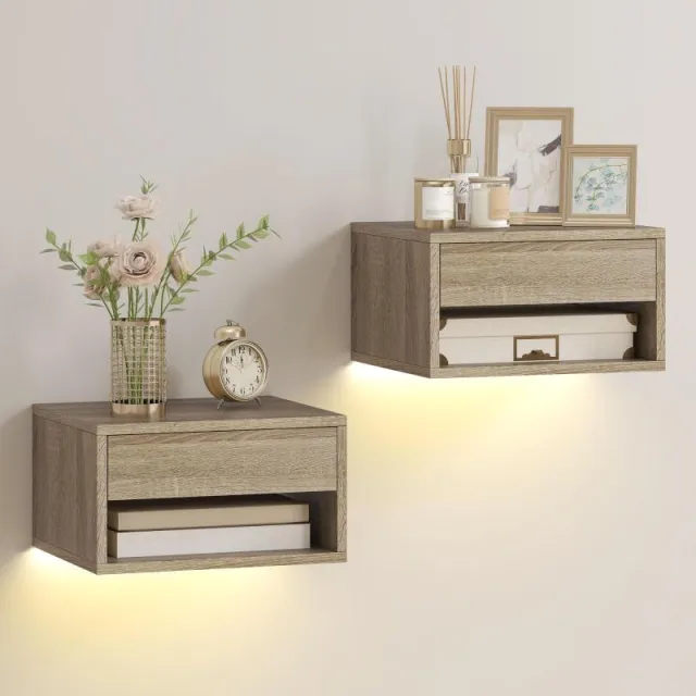 Σετ 2 Κρεμαστά Κομοδίνα με Ενσωματωμένα RGB LEDs (Ελεγχόμενα από Εφαρμογή), Συρτάρι και Ράφι, 37x32x21 cm, Ξύλινη Φινίρισμα