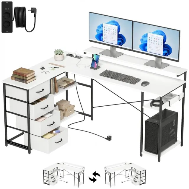 Αναστρέψιμο Γραφείο L-Σχήματος με 4 Υφασμάτινα Συρτάρια, 2 Πρίζες, 2 Θύρες USB και Βάση Οθόνης – 155x112 cm – Λευκή